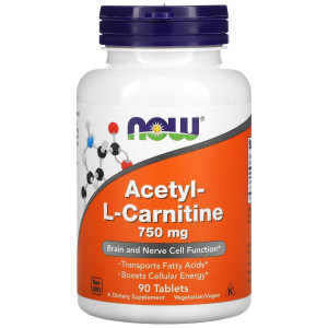 NOW, Acetyl L-Carnitine 750 мг, 90 табл (45 порций)